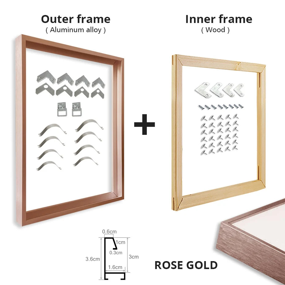 Brushed Gold Titanium Walnut Metal Picture Frame Kit 60x90cm 50x70cm DIY Frame Kit For Framing Canvas Prints With Wooden Frame - 8 Colors