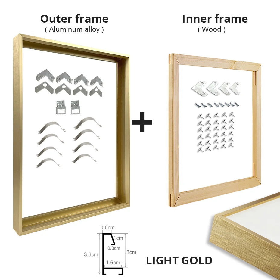 Brushed Gold Titanium Walnut Metal Picture Frame Kit 60x90cm 50x70cm DIY Frame Kit For Framing Canvas Prints With Wooden Frame - 8 Colors