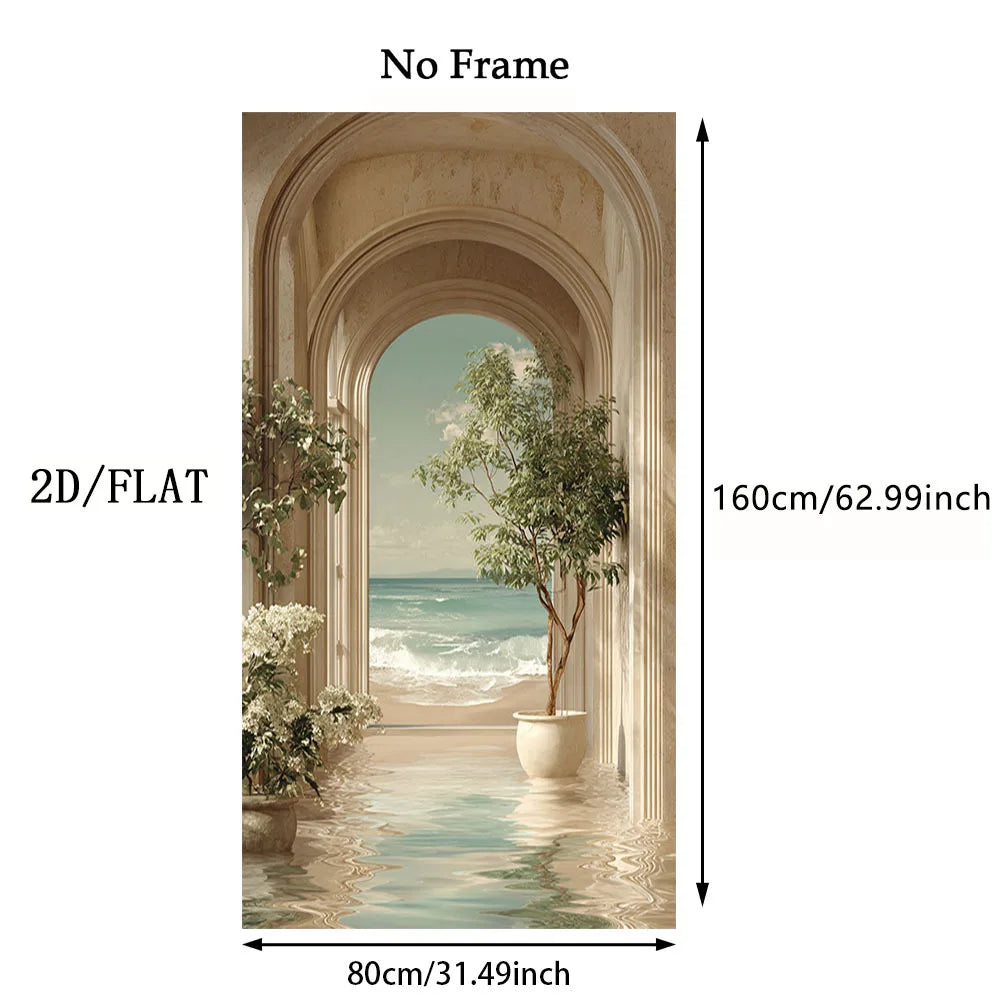 A wall decal or wallpaper sample showing a scenic coastal view framed by large arches, with dimension labels indicating 160cm in height and 80cm in width