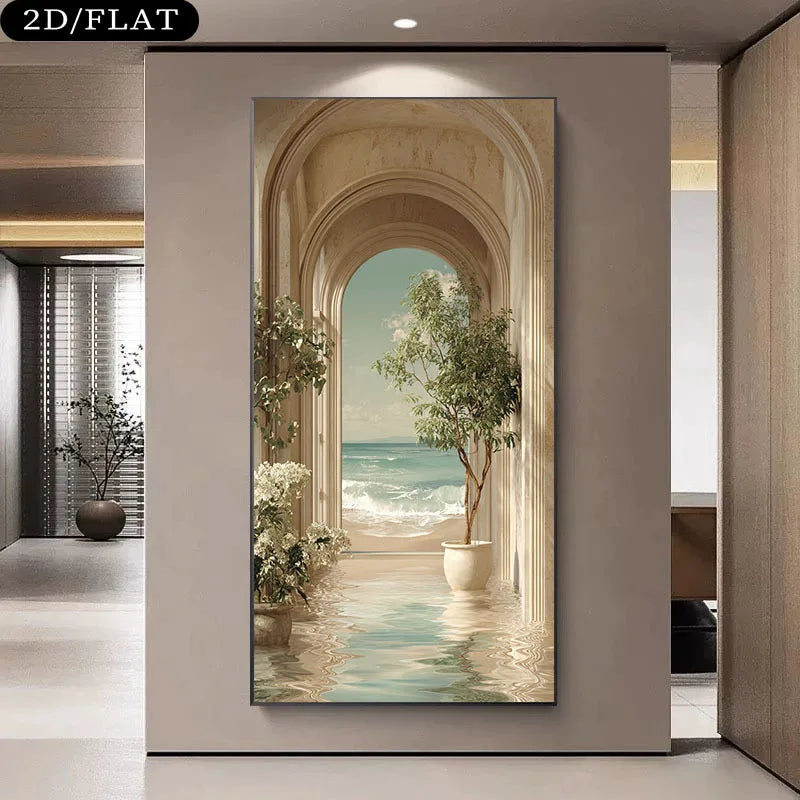 A vertical unframed wall art print displayed in a modern interior hallway. The artwork depicts an arched architectural scene with potted trees and a sea view in the distance.