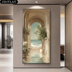 A vertical unframed wall art print displayed in a modern interior hallway. The artwork depicts an arched architectural scene with potted trees and a sea view in the distance.