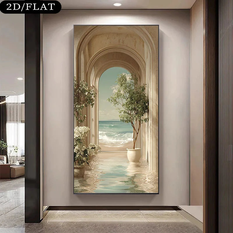 Classical Mediterranean Archway Ocean View Wall Art – Serene Canvas Print Unframed Artwork for Modern Neutral Living Room Décor Tranquil Architectural Seascape Canvas Print Flat 2D Design