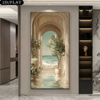 A vertical framed wall art print displayed in a modern interior hallway. The artwork depicts an arched classical corridor opening onto a beach scene with ocean water, white waves, and potted trees.