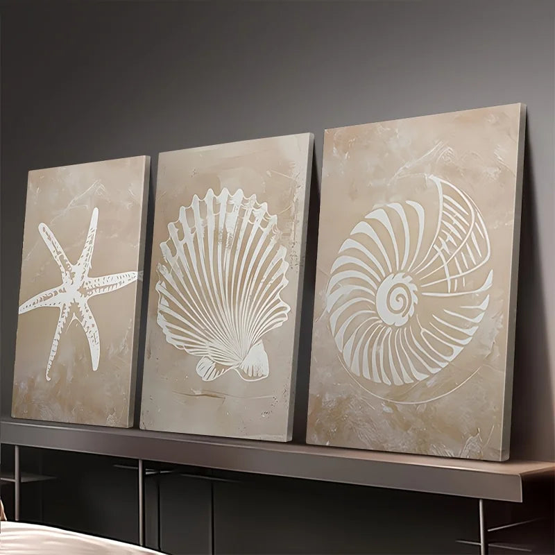 Coastal Sea Life Canvas Print Set – Beige Textured Starfish, Scallop & Nautilus Shell Wall Art for Beach House, Bathroom, Living Room & Modern Coastal Home Décor (Unframed)