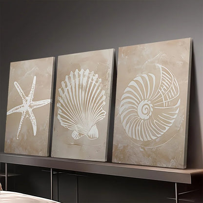 Coastal Sea Life Canvas Print Set – Beige Textured Starfish, Scallop & Nautilus Shell Wall Art for Beach House, Bathroom, Living Room & Modern Coastal Home Décor (Unframed)