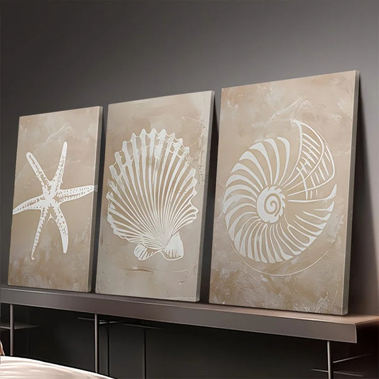 Coastal Sea Life Canvas Print Set – Beige Textured Starfish, Scallop & Nautilus Shell Wall Art for Beach House, Bathroom, Living Room & Modern Coastal Home Décor (Unframed)