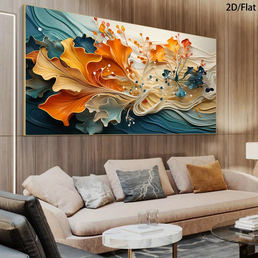 Large abstract wall art canvas hanging above a beige sofa in a modern living room. The artwork features layered 3D floral and wave-like forms in orange, cream, teal, and blue on a light background, with the text '2D/Flat' in the top right corner.