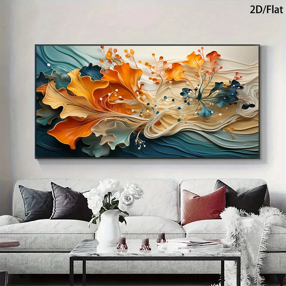 A large abstract wall art piece hangs above a light gray sofa in a living room. The artwork features layered, sculptural floral and wave-like forms in orange, cream, teal, and blue, with a dark frame.