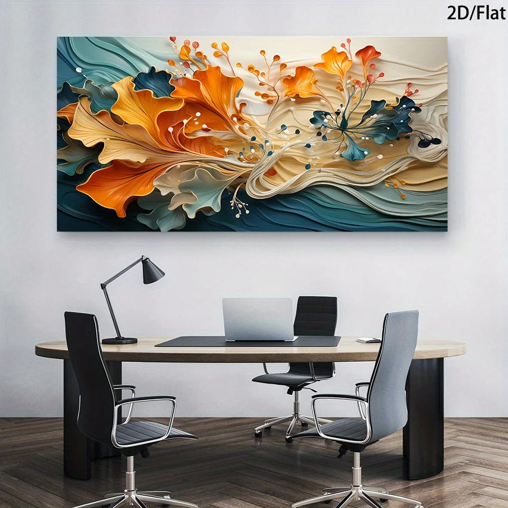Large rectangular wall art hanging above a modern office desk with chairs, lamps, and a laptop. The artwork is an abstract floral or wave-like composition in orange, cream, teal, and blue tones, with the text '2D/Flat' in the top-right corner.