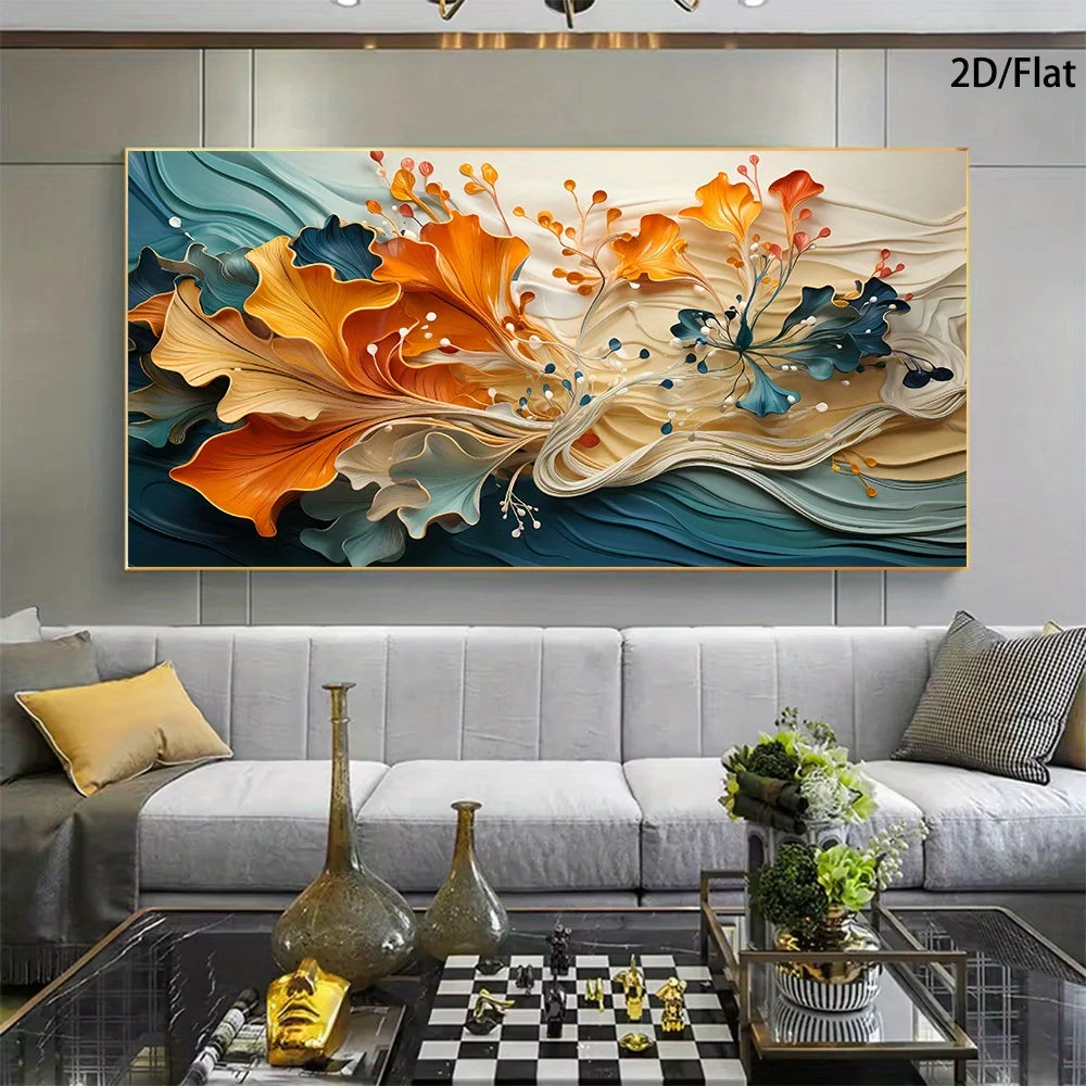 A large abstract wall art piece with flowing orange, teal, cream, and gold 3D-like floral wave forms, displayed above a light gray sofa in a modern living room. The text '2D/Flat' appears in the top right corner.