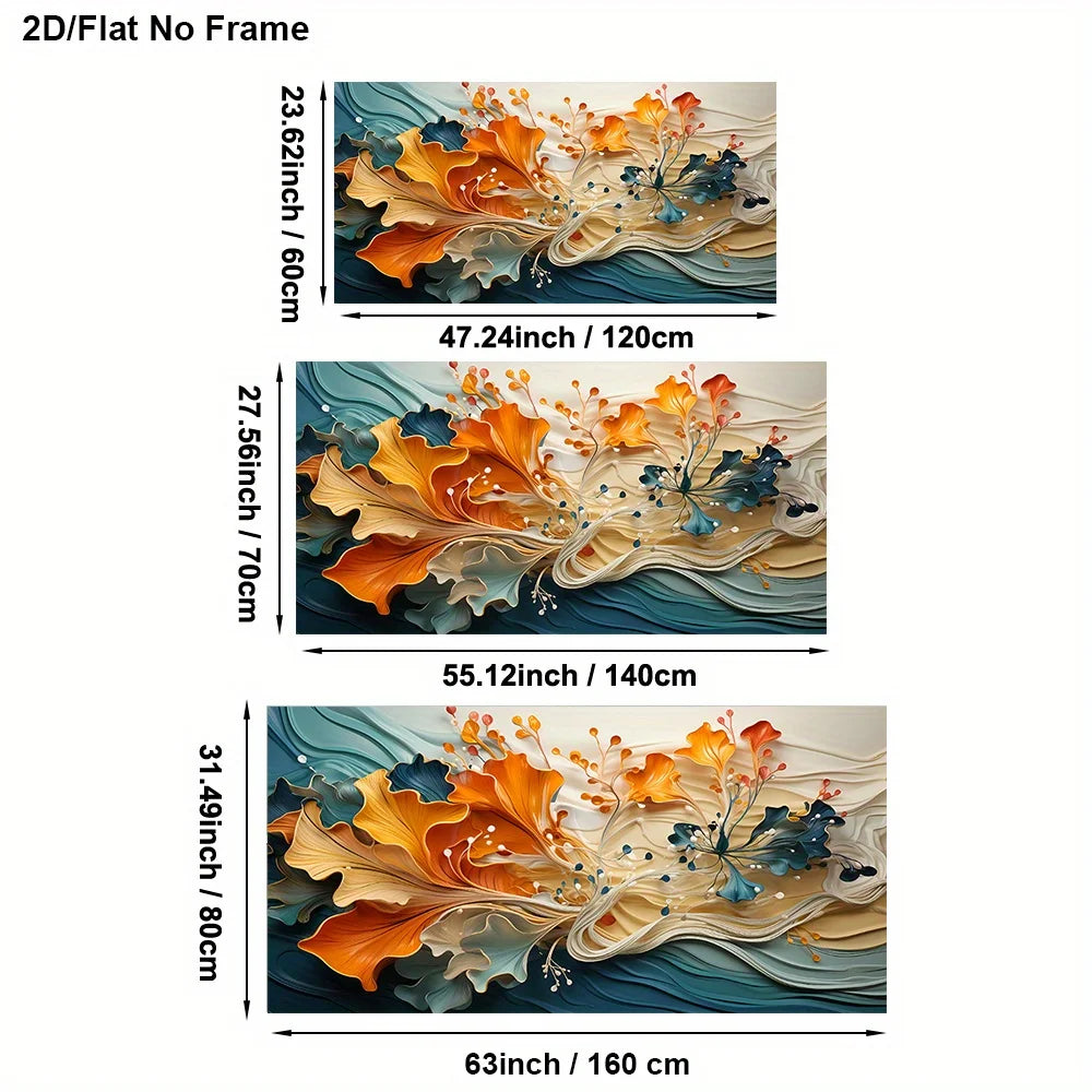 Three framed-free wall art options shown with dimensions labeled in inches and centimeters. The artwork features an abstract fluid design with swirling orange, gold, cream, and blue tones on a dark teal background.