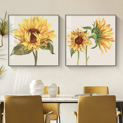 Colorful Sunflower Wall Art Square Format Fine Art Canvas Prints - Modern Botanical Pictures For Living Room Dining Room Simple Art For Kitchen Cafe Diner Restaurant Art