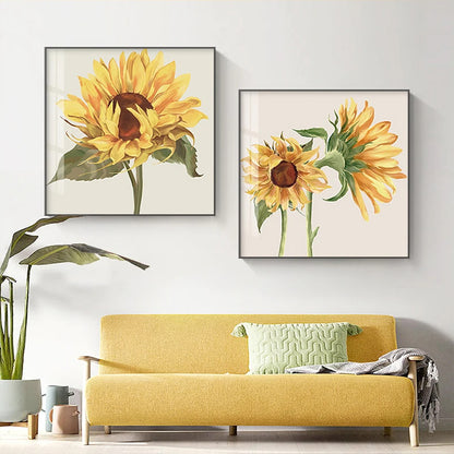 Colorful Sunflower Wall Art Square Format Fine Art Canvas Prints - Modern Botanical Pictures For Living Room Dining Room Simple Art For Kitchen Cafe Diner Restaurant Art
