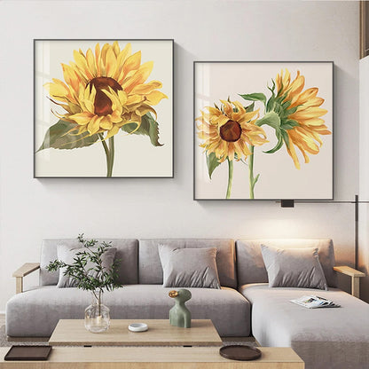 Colorful Sunflower Wall Art Square Format Fine Art Canvas Prints - Modern Botanical Pictures For Living Room Dining Room Simple Art For Kitchen Cafe Diner Restaurant Art