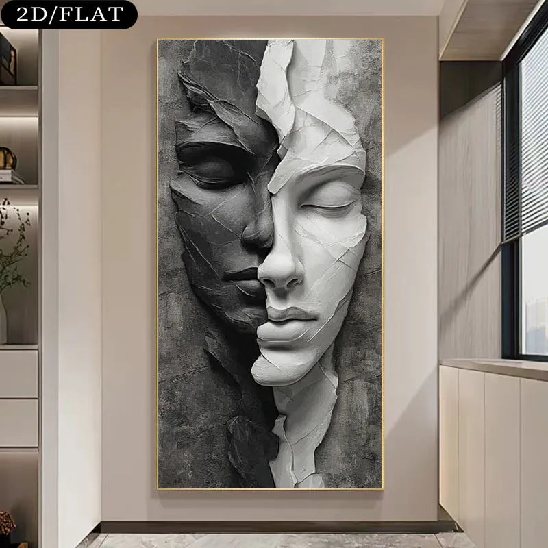A large vertical wall art print showing a split black-and-white sculptural face, displayed in a modern interior hallway with shelves and a window. A black label in the top-left corner reads “2D/FLAT.