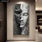 A large vertical wall art print showing a split human face in grayscale, mounted on a beige wall in a modern interior hallway. The artwork itself is the product, and the surrounding room is visible as context.