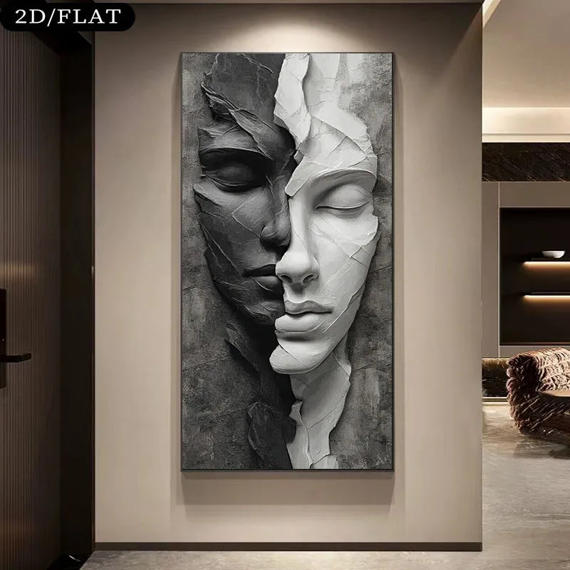 A large vertical wall art print showing a split human face in grayscale, mounted on a beige wall in a modern interior hallway. The artwork itself is the product, and the surrounding room is visible as context.