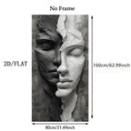 A black and white wall art print showing a sculpted face split into two halves, with dimension labels reading 160cm/62.99inch tall and 80cm/31.