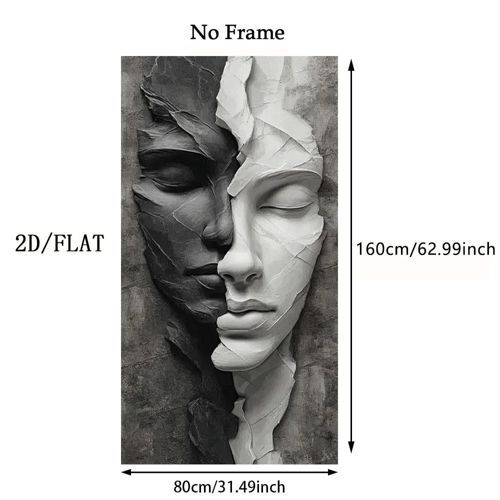 A black and white wall art print showing a sculpted face split into two halves, with dimension labels reading 160cm/62.99inch tall and 80cm/31.