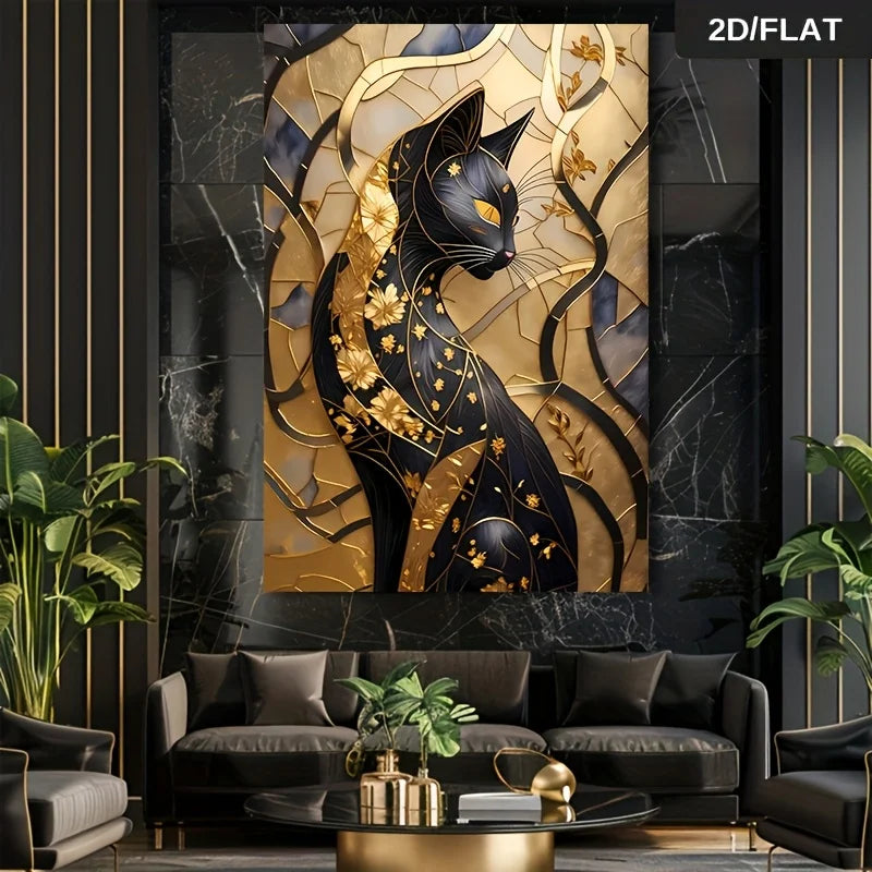 Elegant Black Cat Gold Floral Wall Art Canvas Print – Modern Abstract Feline Artwork for Nail Salons, Beauty Studio & Contemporary Interior Décor
