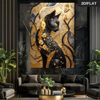 Elegant Black Cat Gold Floral Wall Art Canvas Print – Modern Abstract Feline Artwork for Nail Salons, Beauty Studio & Contemporary Interior Décor