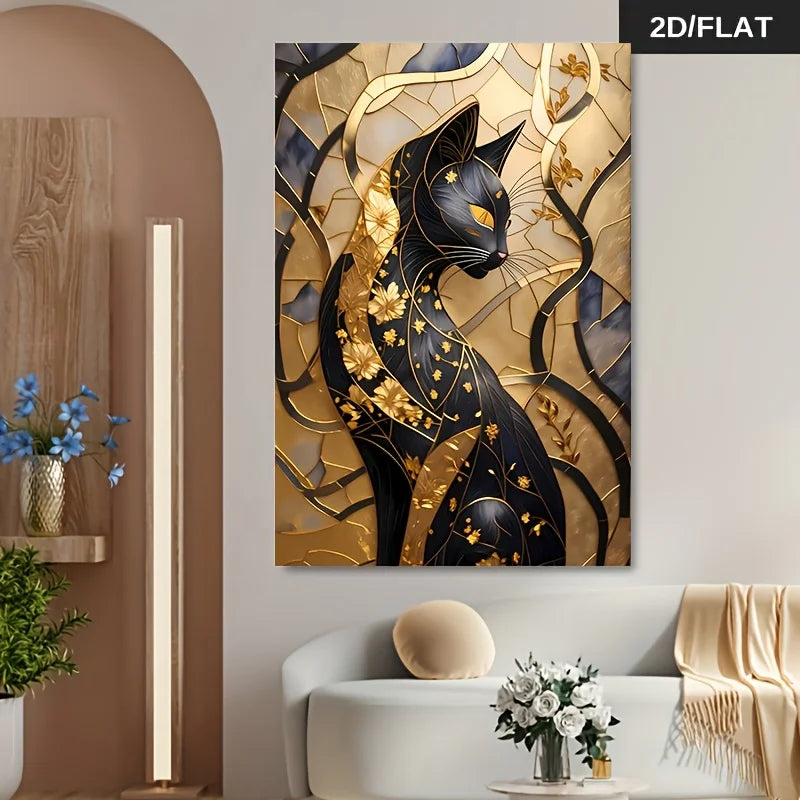 A large wall art print showing a stylized black cat with gold floral and vine details, displayed above a white sofa in a modern living room. The print has a black and gold color scheme with blue-gray accents in the background.