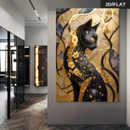 A large wall art piece featuring a stylized black cat with gold detailing, mounted on a gray wall in a modern interior hallway. The artwork has a cracked metallic gold background with flowing abstract lines and floral motifs.