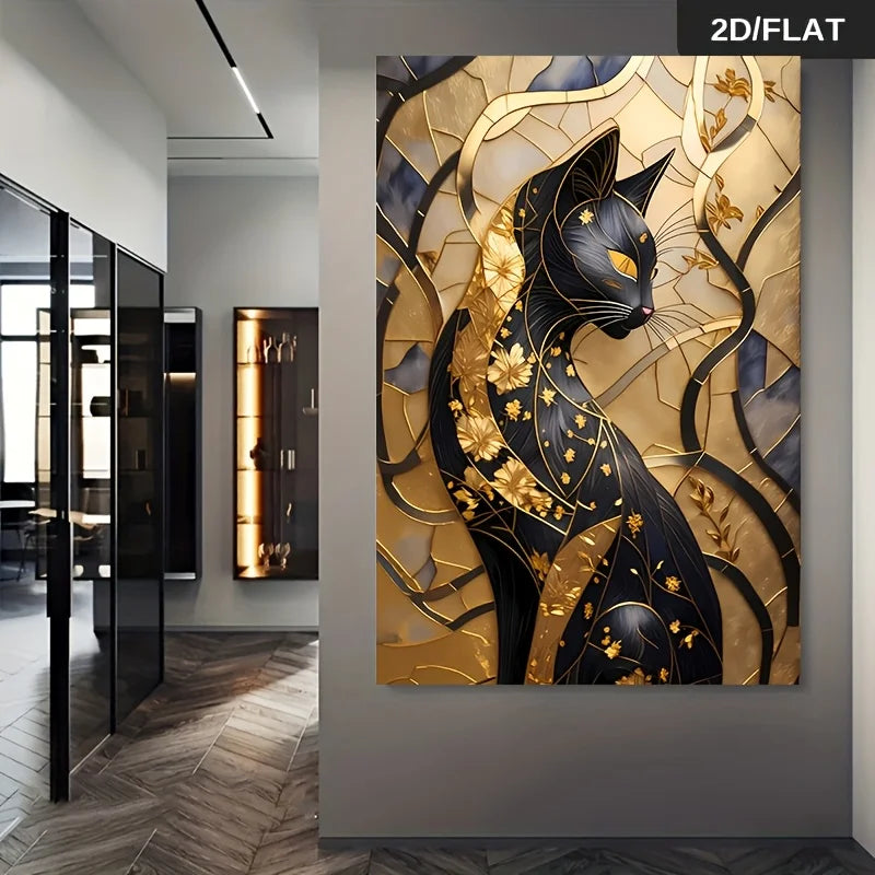 A large wall art piece featuring a stylized black cat with gold detailing, mounted on a gray wall in a modern interior hallway. The artwork has a cracked metallic gold background with flowing abstract lines and floral motifs.