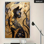 Elegant Black Cat Gold Floral Wall Art Canvas Print – Modern Abstract Feline Artwork for Salon, Beauty Studio & Contemporary Interior Décor (Unframed)