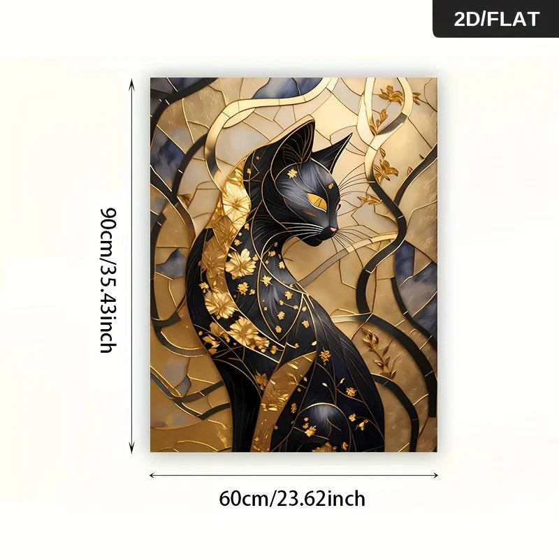Elegant Black Cat Gold Floral Wall Art Canvas Print – Modern Abstract Feline Artwork for Nail Salons, Beauty Studio & Contemporary Interior Décor