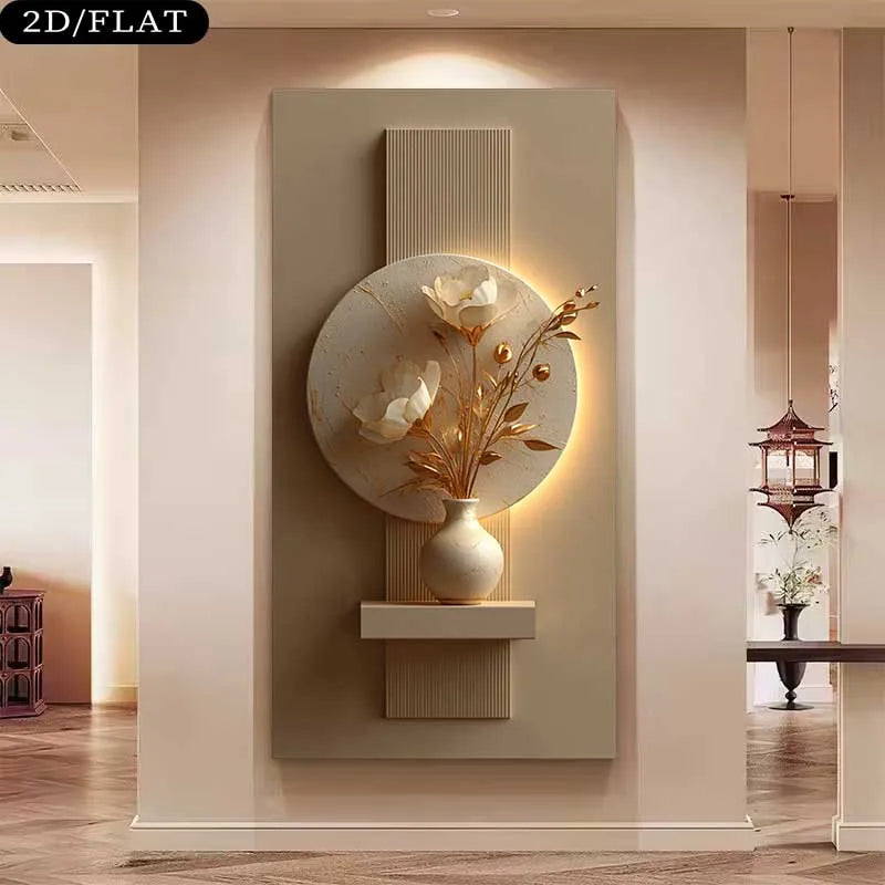 Elegant Floral Vase Wall Art – Sculpted White Flowers with Gold Accents & Soft Backlit Glow | Luxury Beige Contemporary Unframed Canvas Print for Modern Living Room & Hallway Decor