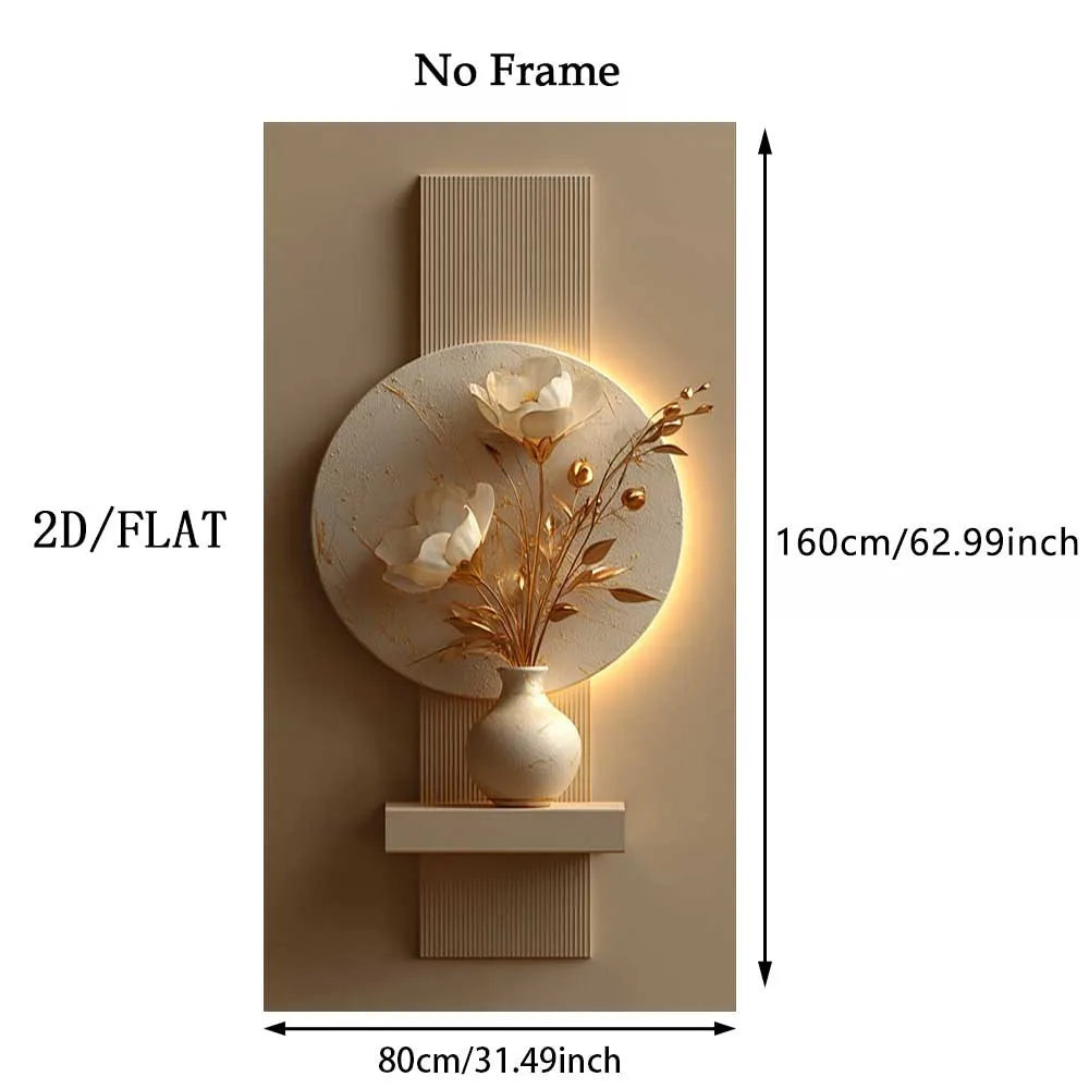 Elegant Floral Vase Wall Art – Sculpted White Flowers with Gold Accents & Soft Backlit Glow | Luxury Beige Contemporary Unframed Canvas Print for Modern Living Room & Hallway Decor