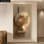 Elegant Floral Vase Wall Art – Sculpted White Flowers with Gold Accents & Soft Backlit Glow | Luxury Beige Contemporary Unframed Canvas Print for Modern Living Room & Hallway Decor