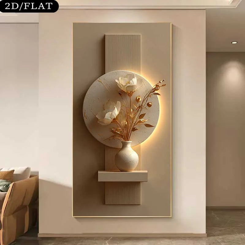 Elegant Floral Vase Wall Art – Sculpted White Flowers with Gold Accents & Soft Backlit Glow | Luxury Beige Contemporary Unframed Canvas Print for Modern Living Room & Hallway Decor