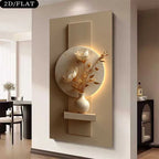A 3D wall art piece featuring a circular floral design with a vase and dried branches, mounted on a vertical rectangular panel with integrated warm lighting. The artwork is displayed on a wall in a modern, minimalist living space.