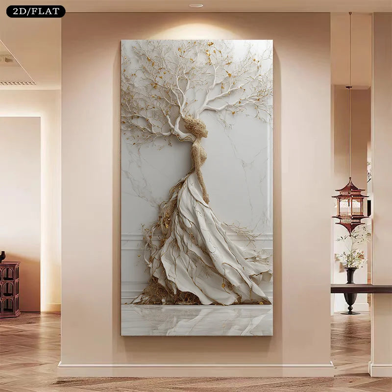 A large vertical wall art piece displayed in a hallway, featuring a stylized white and beige tree with flowing draped branches and trunk, rendered in a modern 3D sculptural style. The artwork is mounted on a beige wall above a wood floor, with interior decor visible in the background.