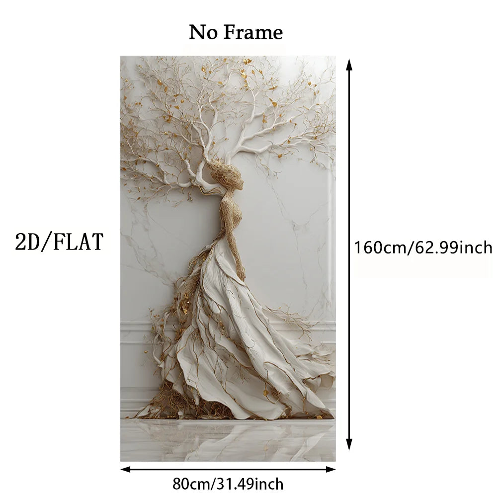 A wall art print or panel showing a stylized tree of life figure in cream, beige, and gold tones, with dimension labels indicating 160cm height and 80cm width on a white background.
