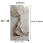 A wall art print or panel showing a stylized tree of life figure in cream, beige, and gold tones, with dimension labels indicating 160cm height and 80cm width on a white background.