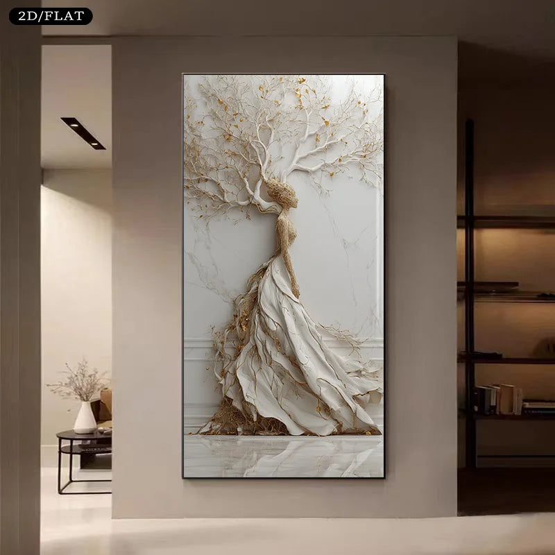 A tall vertical wall art piece displayed in a modern interior hallway. The artwork depicts a stylized white and beige tree with a flowing dress-like form and small gold leaf accents.