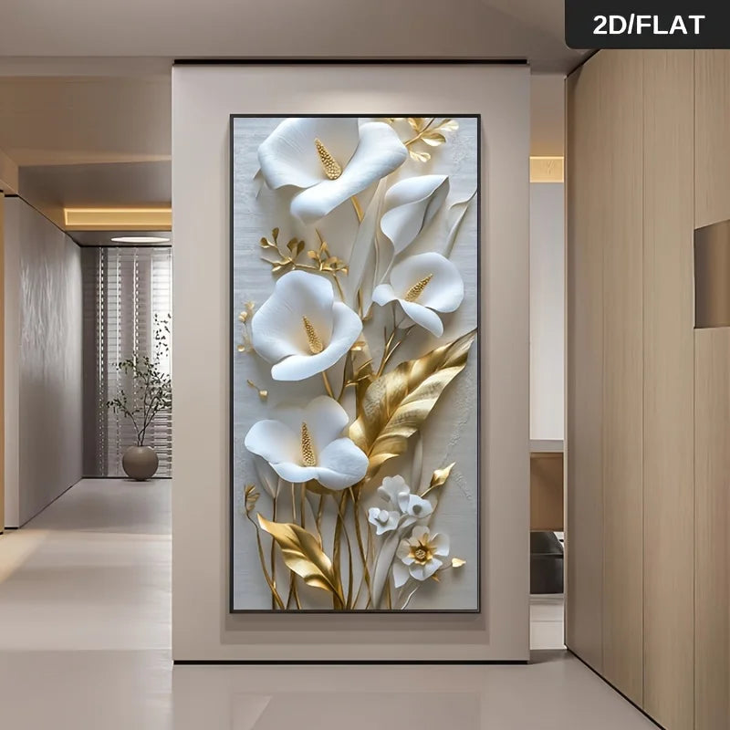 Elegant White & Gold Floral Wall Art – Luxury Sculpted Bloom Design on Light Grey Artwork for Modern Hallway & Sophisticated Home Decor