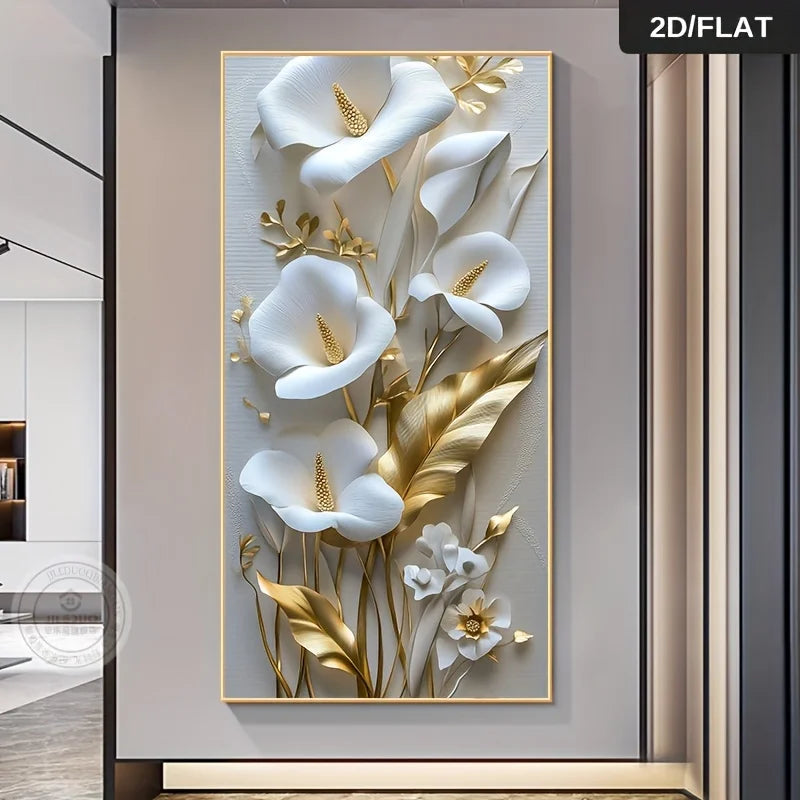 Decorative wall art with white and gold flowers in a modern interior setting