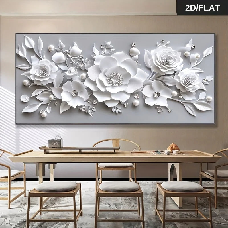 Large rectangular wall art featuring a 3D-style white floral design with layered roses, leaves, and pearl-like accents on a light gray background, displayed above a dining table in a modern interior. A small badge in the top-right reads 2D/FLAT.