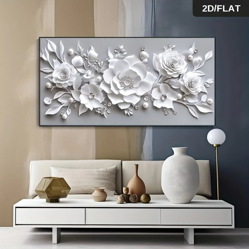 A large rectangular wall art piece showing a 3D-style white floral arrangement on a gray background, displayed above a white sofa in a modern living room. The image includes a '2D/FLAT' label in the top right corner.
