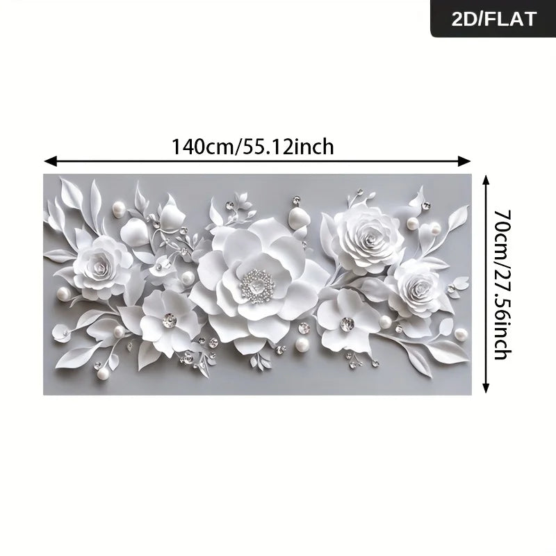 White 3D floral wall art panel with layered paper-like roses, leaves, and pearl accents, shown on a light gray background with dimension arrows indicating 140cm by 70cm.