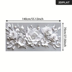 White 3D floral wall art panel with layered paper-like roses, leaves, and pearl accents, shown on a light gray background with dimension arrows indicating 140cm by 70cm.