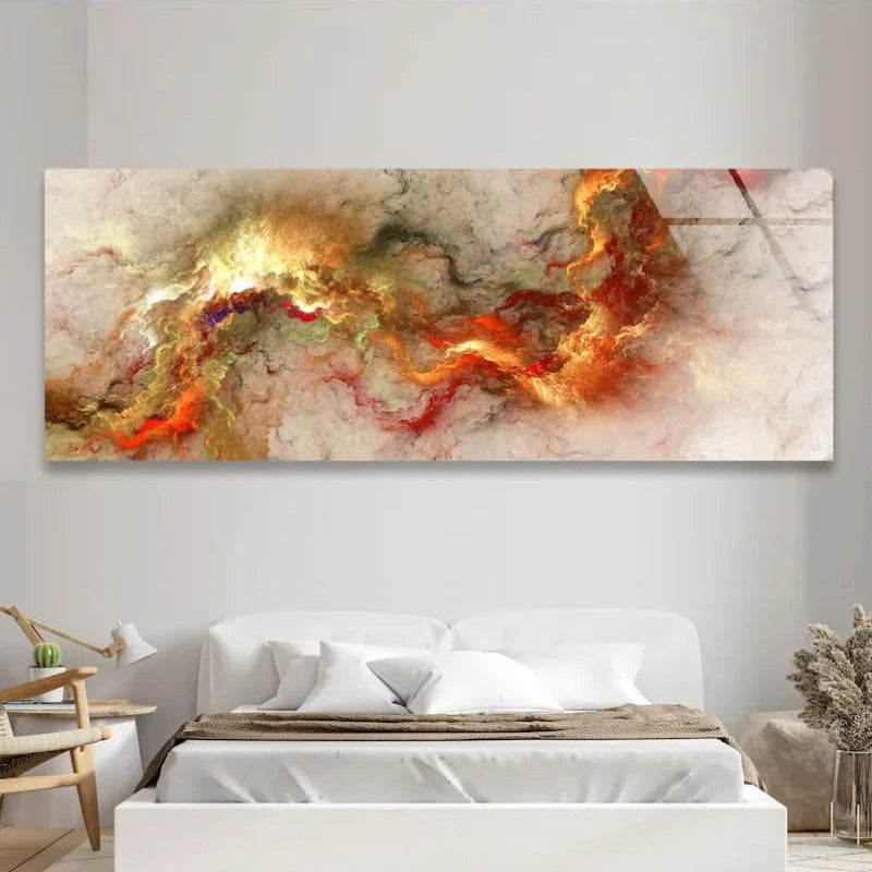 Large Fiery Abstract Swirl Wide Format Canvas Print Wall Art – Red Orange Gold Cloudscape Painting for Modern Bedroom Above Bed Decor