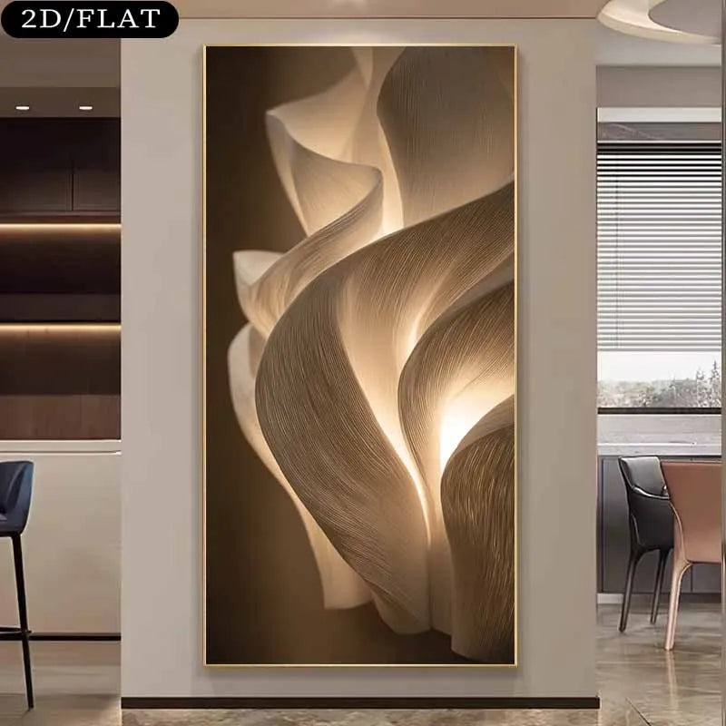 Abstract wall art with wavy design in a modern interior setting