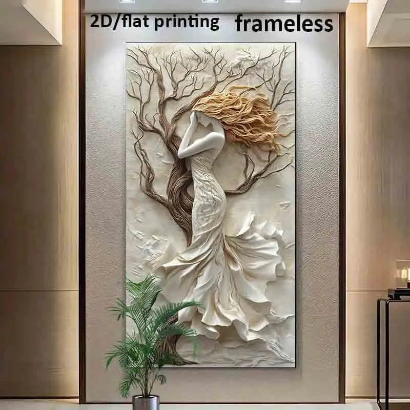 Large framed wall art featuring a 3D-style relief of a flowing white gown figure with golden hair in front of a tree, shown mounted on a beige wall in an interior setting. Text at the top reads '2D/flat printing frameless'.