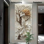 A large vertical wall art piece featuring a sculpted female figure with flowing golden hair and a tree-like branch structure, displayed in a hallway. Text at the top reads '2D/flat printing' and 'frameless'.