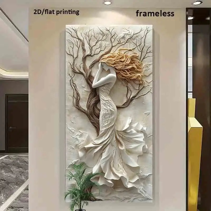 A large vertical wall art piece featuring a sculptural white female figure with flowing golden hair standing before a textured tree, displayed in an interior hallway. Text at the top reads '2D/flat printing' and 'frameless'.